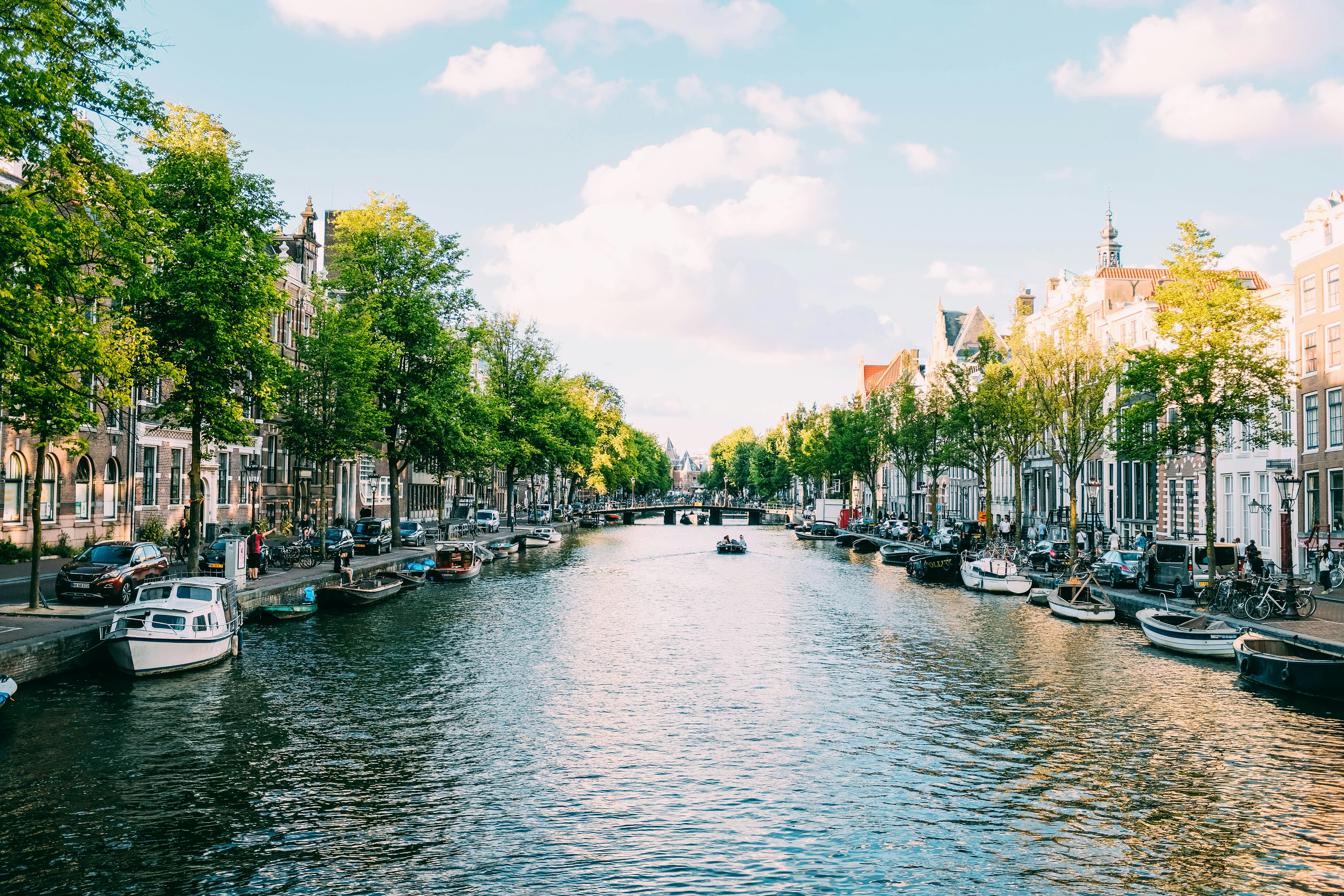 Amsterdam canal houses and coffeeshop street scene, Netherlands